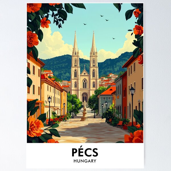 Item preview, Pécs Hungary Retro Travel Print designed and sold by HomeLivingCo.