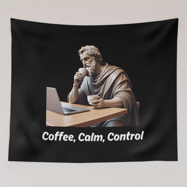 Item preview, Stoic Philosopher Epictetus sipping Coffee calmly in front of Laptop designed and sold by LexaArtworks.