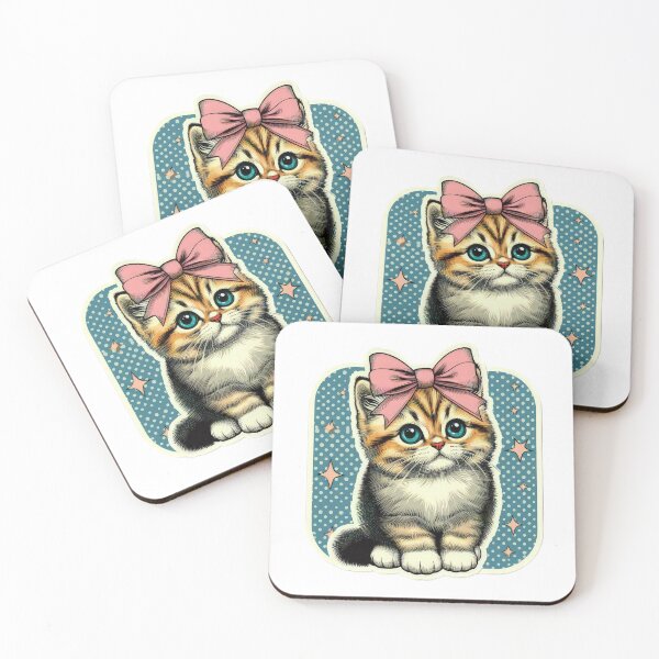 Item preview, cute  vintage cat and a pink ribbon sticker,aesthetic cat art,vintage kitten,Cat Lover,retro kitten art,vintage kittens wearing bows designed and sold by Expressions-Sel.