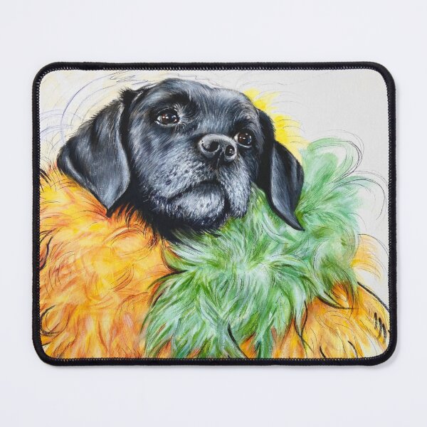 Aperçu de l'œuvre Portrait acrylique de chien noir avec plumes colorées créée et vendue par Tahnja Wolter.