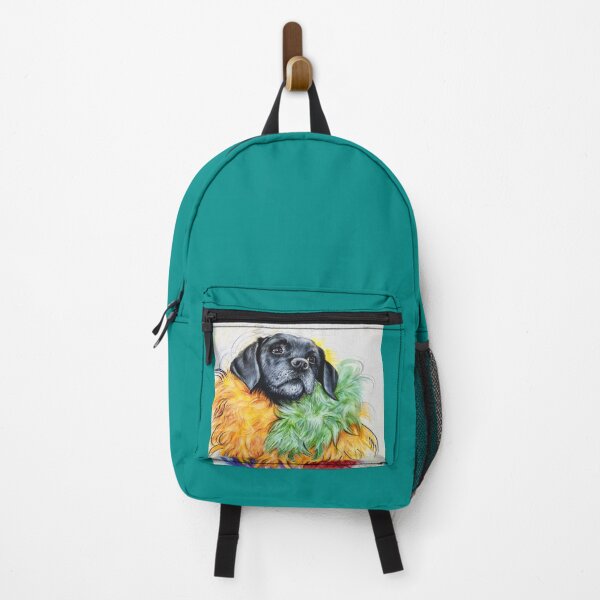 Item preview, Black dog acrylic portrait with coloured feathers designed and sold by Tahnja Wolter.