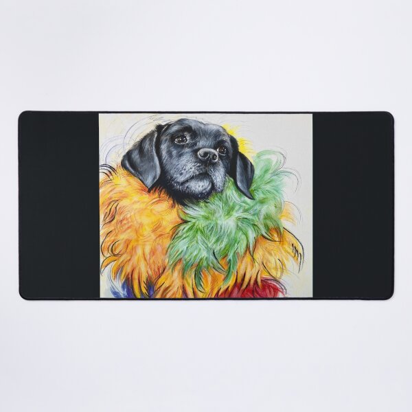 Item preview, Black dog acrylic portrait with coloured feathers designed and sold by Tahnja Wolter.