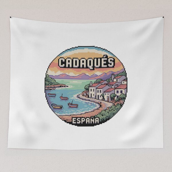 Item preview, Cadaqués España Pixel Art – Mediterranean Coastline Scene with Boats and Sunset in Retro Style designed and sold by CircinusStore.