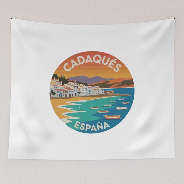 Item preview, Cadaqués España Modern Poster Art – Flat Style Coastal Village with Boats and Bold Sunset Colors designed and sold by CircinusStore.