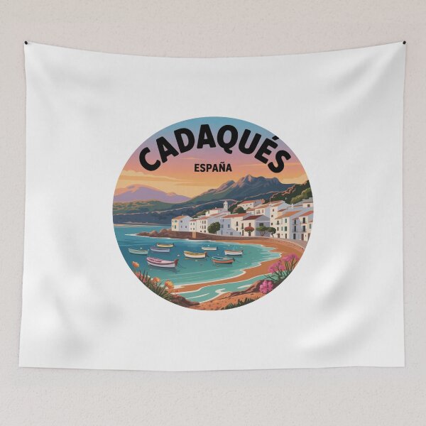 Item preview, Cadaqués España Coastal Illustration – Scenic Mediterranean Bay with Boats, Flowers and Sunset View designed and sold by CircinusStore.