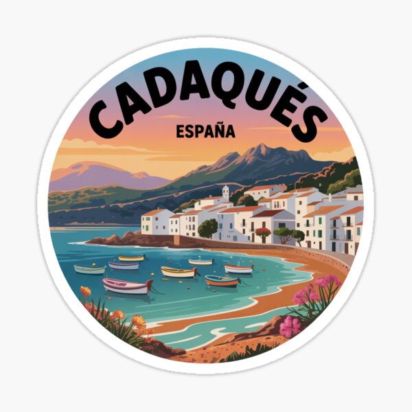 Item preview, Cadaqués España Coastal Illustration – Scenic Mediterranean Bay with Boats, Flowers and Sunset View designed and sold by CircinusStore.