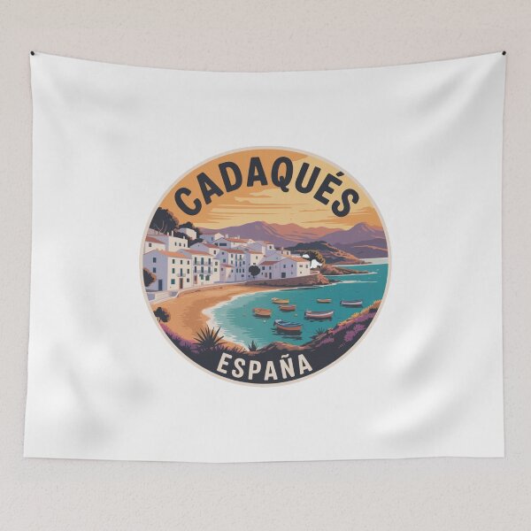 Item preview, Cadaqués España Travel Art – Colorful Coastal Village with Boats and Sunset Mountains in Vintage Mediterranean Style designed and sold by CircinusStore.