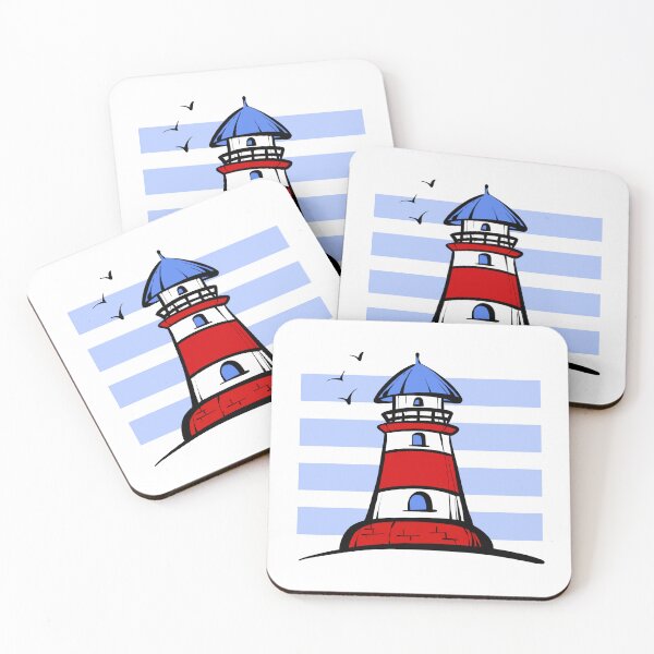Item preview, Minimalist red and white lighthouse with ocean-blue stripes and nautical charm. designed and sold by JuKoArt.