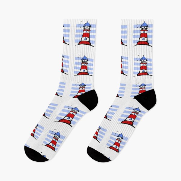 Item preview, Minimalist red and white lighthouse with ocean-blue stripes and nautical charm. designed and sold by JuKoArt.