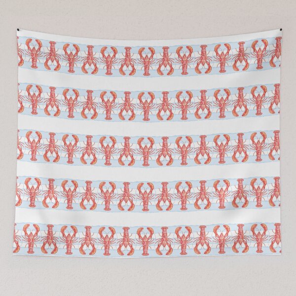 Item preview, horizontal seamless border with repeating watercolor lobsters on soft blue watercolor stripes and white background designed and sold by eves_aquadreams.