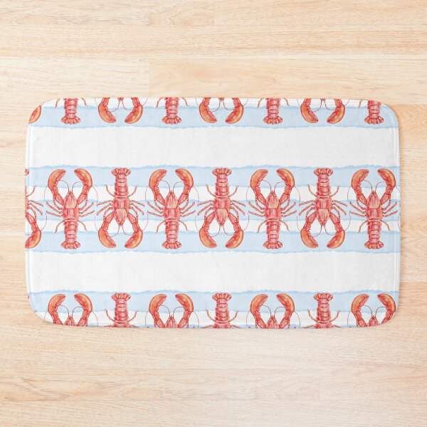 Item preview, horizontal seamless border with repeating watercolor lobsters on soft blue watercolor stripes and white background designed and sold by eves_aquadreams.