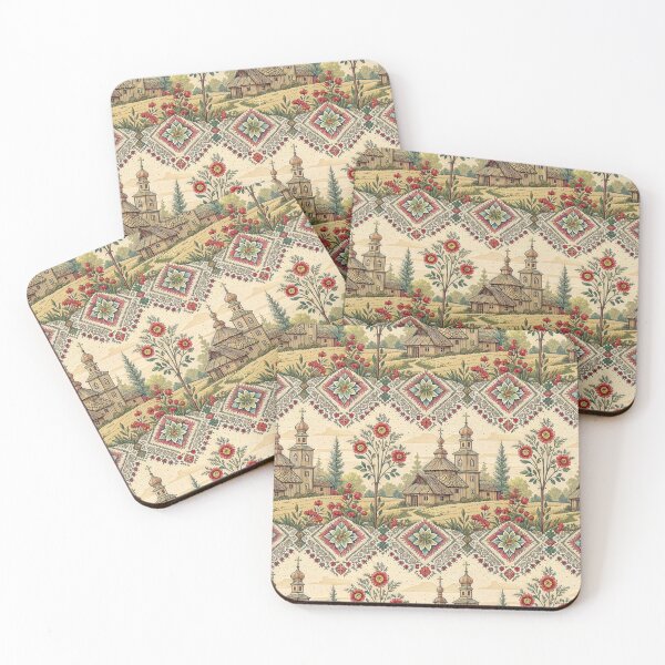 Item preview, Traditional Eastern European Folk Art Seamless Pattern with Rustic Church and Floral Motifs. designed and sold by RGShirtWorks.