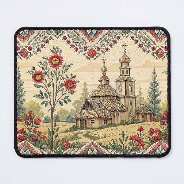Item preview, Traditional Eastern European Folk Art Seamless Pattern with Rustic Church and Floral Motifs. designed and sold by ML-Media.