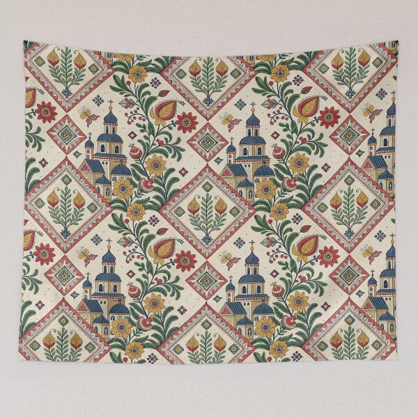 Item preview, Slavic Inspired Folk Art Seamless Pattern with Orthodox Church and Flowers. designed and sold by RGShirtWorks.