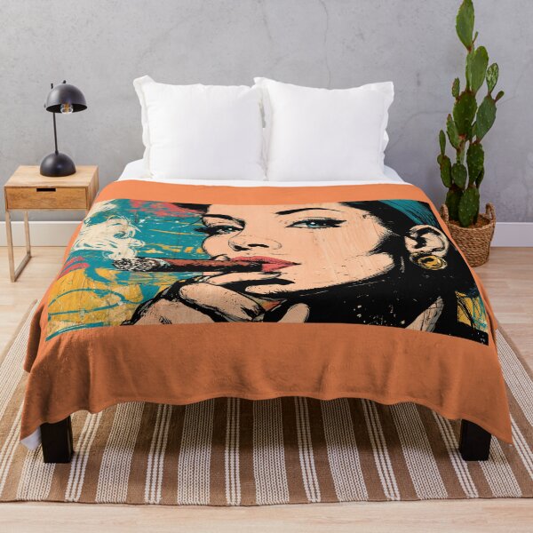 Item preview, Smoke and Seduction - Striking Woman with Cigar Amid Vibrant Blue Yellow and Red Abstract Energy designed and sold by OlfactoART Studio.