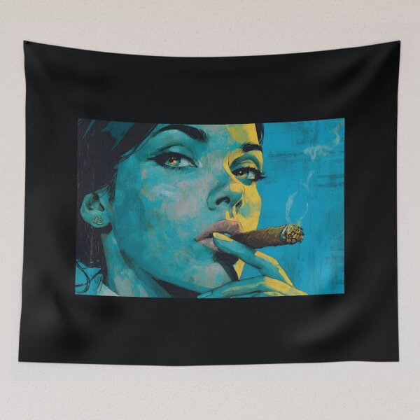 Item preview, Command the Room - Bold Woman with Cigar in Vivid Blue and Yellow Abstract Digital AI Art designed and sold by OlfactoART Studio.
