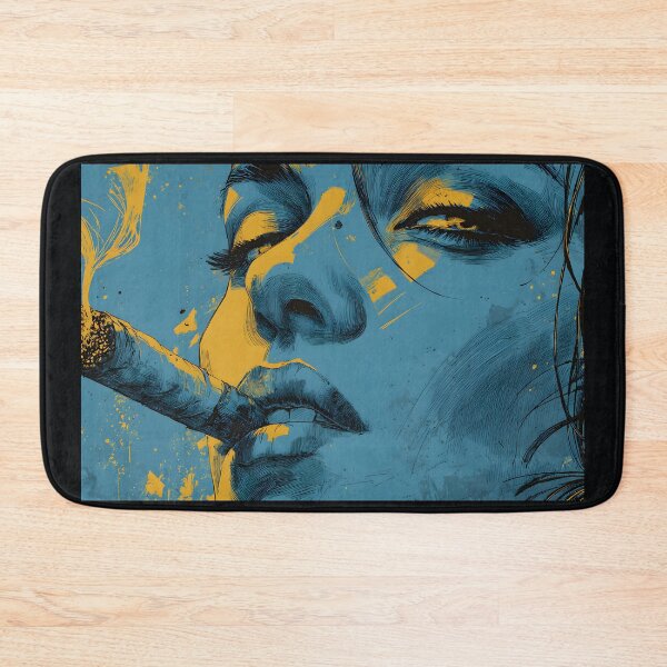 Item preview, Ignite the Gaze of a Bold Woman - Blue and Yellow Portrait with Fierce Cigar Energy designed and sold by OlfactoART Studio.