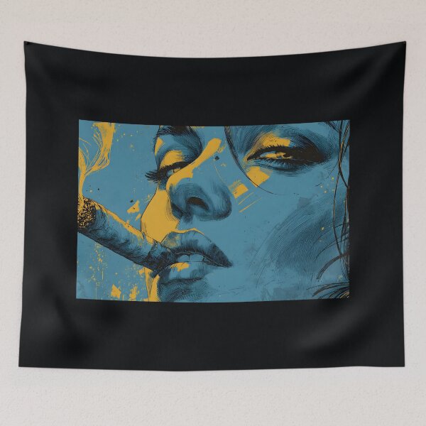 Item preview, Ignite the Gaze of a Bold Woman - Blue and Yellow Portrait with Fierce Cigar Energy designed and sold by OlfactoART Studio.