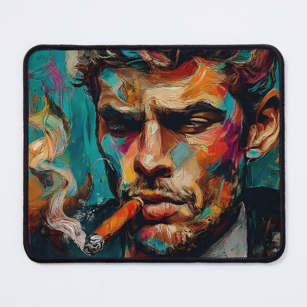 Item preview, Contemplation in Smoke - Expressive Abstract Portrait of a Cigar Smoker in Swirling Red, Blue, and Yellow Digital AI Art designed and sold by OlfactoART Studio.