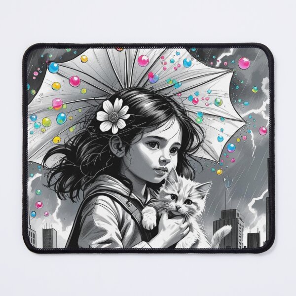 Item preview, Young Girl With a White Cat and a Colorful Umbrella 4 designed and sold by AlinaSCorner.