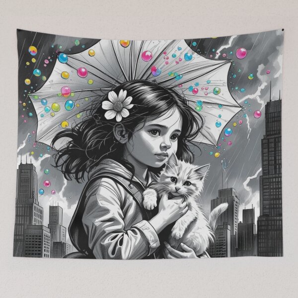 Item preview, Young Girl With a White Cat and a Colorful Umbrella 4 designed and sold by AlinaSCorner.