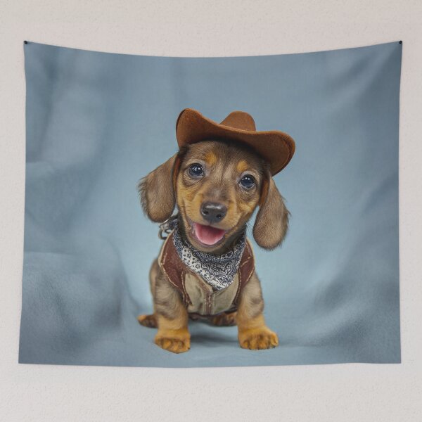 Artikelvorschau, Dackelwelpe im Cowboy-Outfit entworfen und verkauft von skibreck.