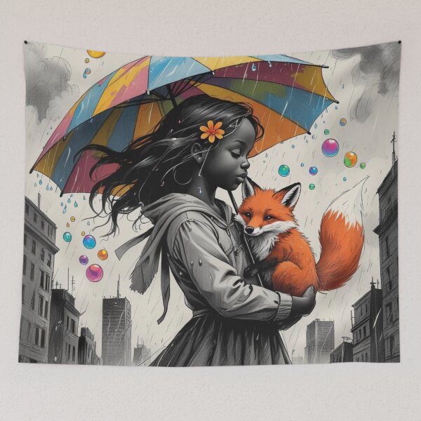 Item preview, Young Girl With a White Red Fox and a Colorful Umbrella designed and sold by AlinaSCorner.