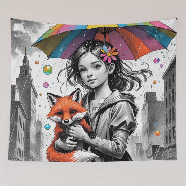 Item preview, Young Girl With a White Red Fox and a Colorful Umbrella 2 designed and sold by AlinaSCorner.