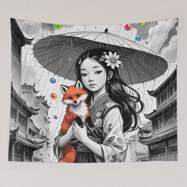 Item preview, Young Girl With a White Red Fox and a Colorful Umbrella 3 designed and sold by AlinaSCorner.