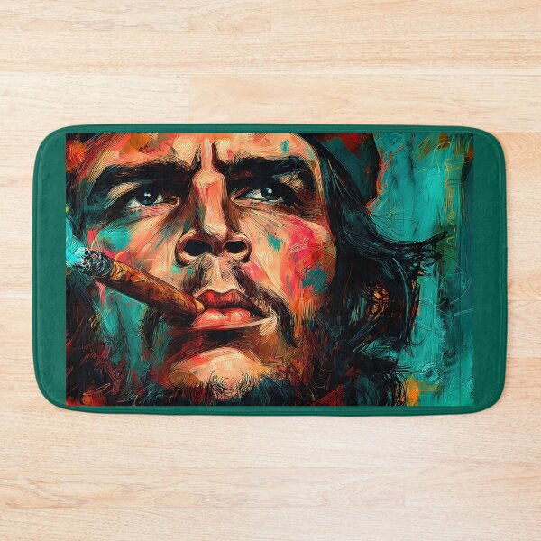 Artikelvorschau, Revolutionärer Blick im Rauch – Kühnes Porträt von Guevara mit Zigarre im lebhaften expressionistischen Stil entworfen und verkauft von OlfactoART Studio.