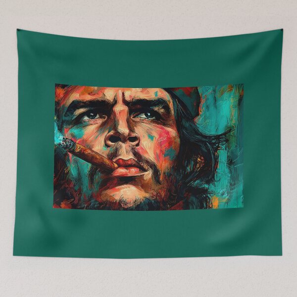 Artikelvorschau, Revolutionärer Blick im Rauch – Kühnes Porträt von Guevara mit Zigarre im lebhaften expressionistischen Stil entworfen und verkauft von OlfactoART Studio.