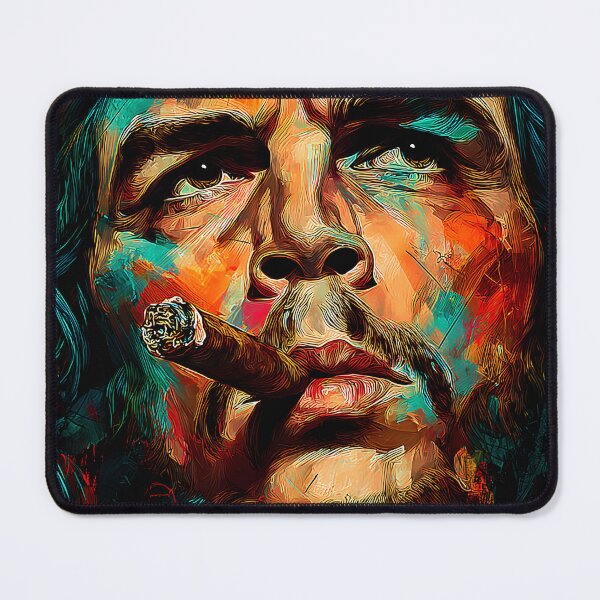 Item preview, Rebel in Color - Expressive Portrait of Che Guevara Smoking a Cigar in Bold Red and Blue Hues designed and sold by OlfactoART Studio.