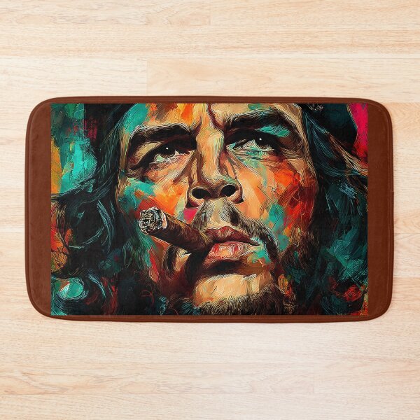 Item preview, Rebel in Color - Expressive Portrait of Che Guevara Smoking a Cigar in Bold Red and Blue Hues designed and sold by OlfactoART Studio.