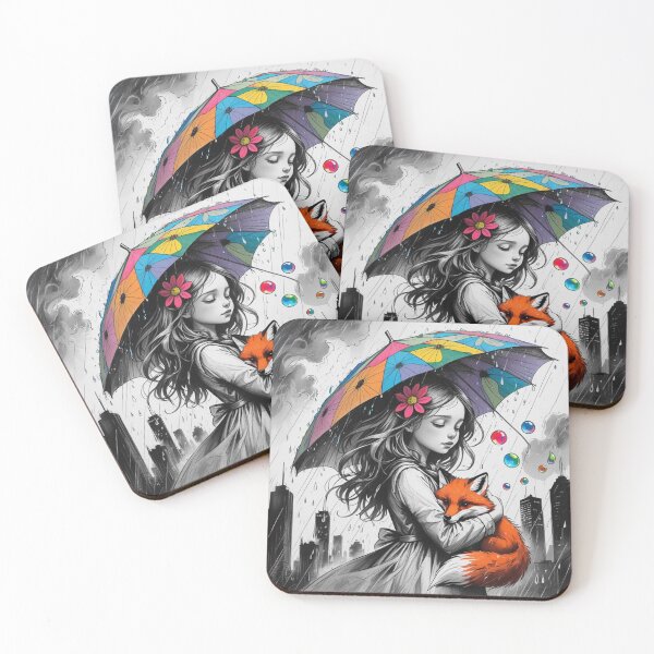 Item preview, Young Girl With a White Red Fox and a Colorful Umbrella 4 designed and sold by AlinaSCorner.