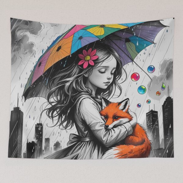 Item preview, Young Girl With a White Red Fox and a Colorful Umbrella 4 designed and sold by AlinaSCorner.