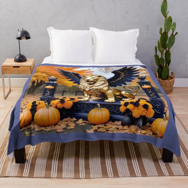 Item preview, Navy Blue And Golden Winged Lion With Autumn Pumpkins designed and sold by Melantari Vizuns.