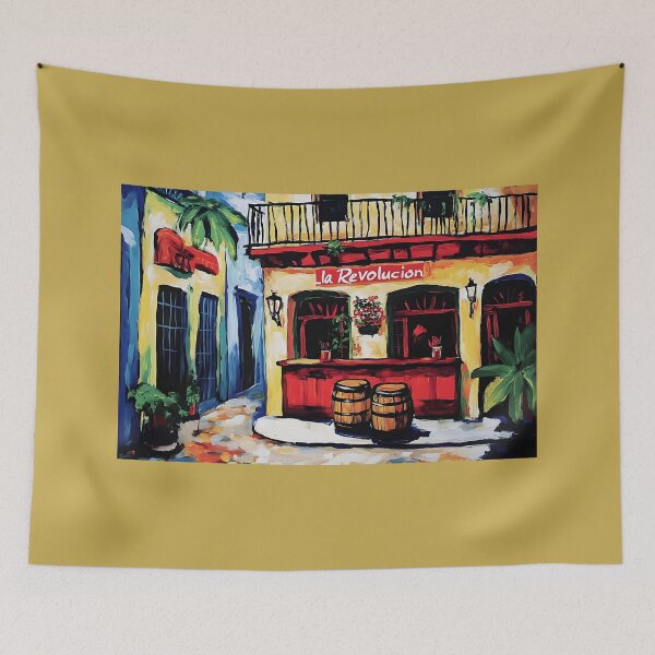 Item preview, Lush Havana Hideaway - Vibrant Cafe Bar Scene with Red Facade, Greenery, and Rustic Charm designed and sold by OlfactoART Studio.