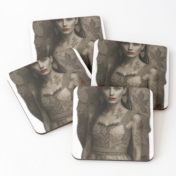 Item preview, Woman in Leaf Inspired Dress with Red Rose and Floral Tattoos designed and sold by Creative88Art.