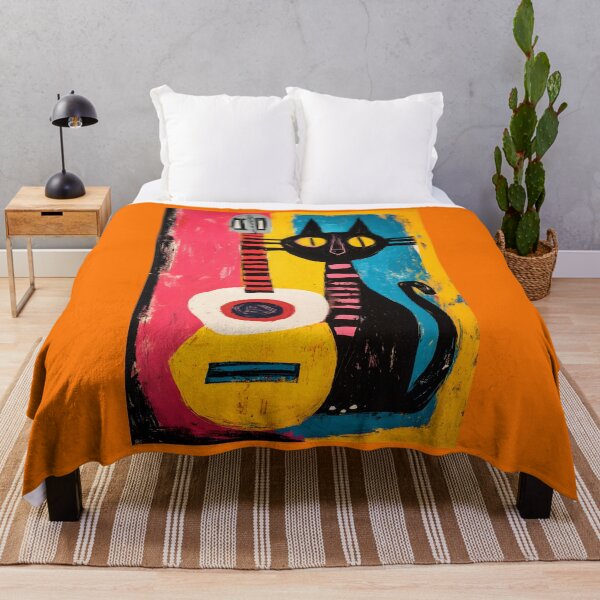 Item preview, Electric Night Prowler - Stylized Black Cat with Guitar in a Vivid Burst of Pink Yellow and Blue designed and sold by OlfactoART Studio.