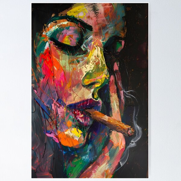 Item preview, Bold Emotion - Woman Smoking Cigar in a Vivid, Expressive Color Palette Abstract Digital AI Art designed and sold by OlfactoART Studio.
