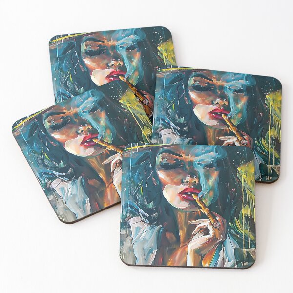 Item preview, Command the Spotlight- Confident Woman with Red Lips and Cigar Amid Swirling Smoke and Vibrant Hues designed and sold by OlfactoART Studio.