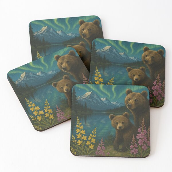 Item preview, Greetings from Alaska – Bear and Cub with Northern Lights, Wildlife Art Print designed and sold by IVSapparel.
