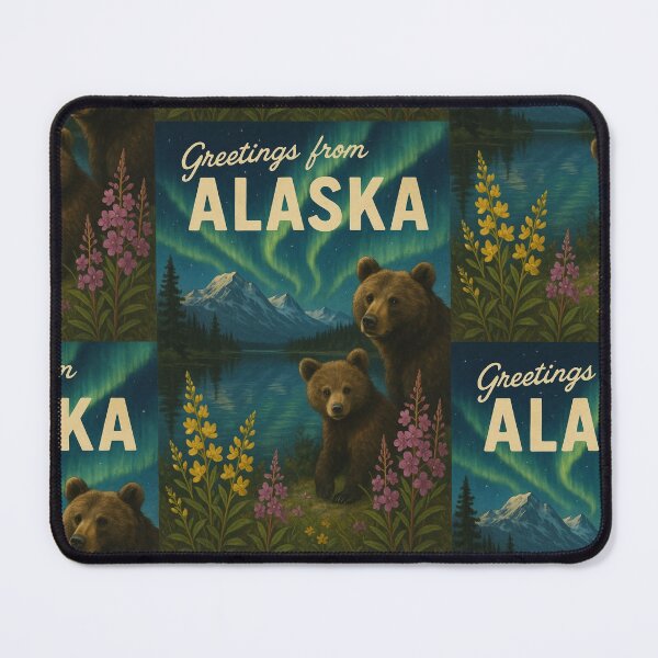 Item preview, Greetings from Alaska – Bear and Cub with Northern Lights, Wildlife Art Print designed and sold by IVSapparel.