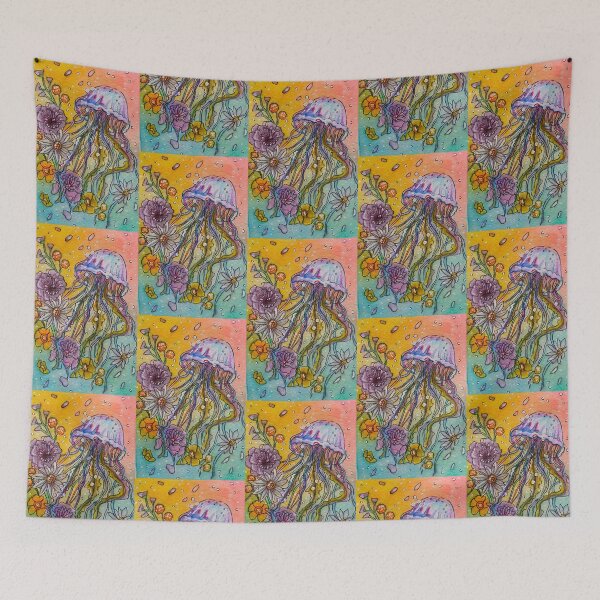 Item preview, Jellyfish and flowers ocean floral colorful designed and sold by RLawrenceArt.