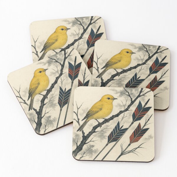 Item preview, Ink painting of yellow bird with arrow fletching motif designed and sold by optimusprime39.