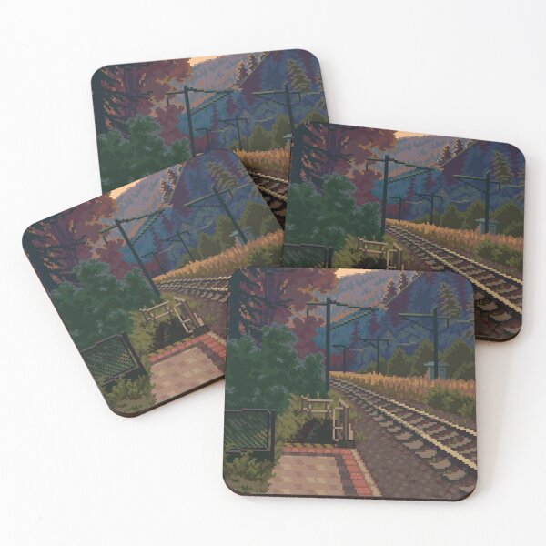 Item preview, Pixel Art Sunset at Hilltop Rail Station — Forest & Train Tracks designed and sold by darkskinbender.