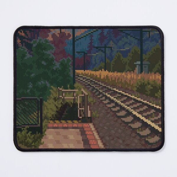 Item preview, Pixel Art Sunset at Hilltop Rail Station — Forest & Train Tracks designed and sold by darkskinbender.