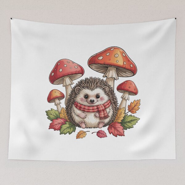 Item preview, Cozy Hedgehog with Mushrooms and Autumn Leaves designed and sold by BirdsnStuff.