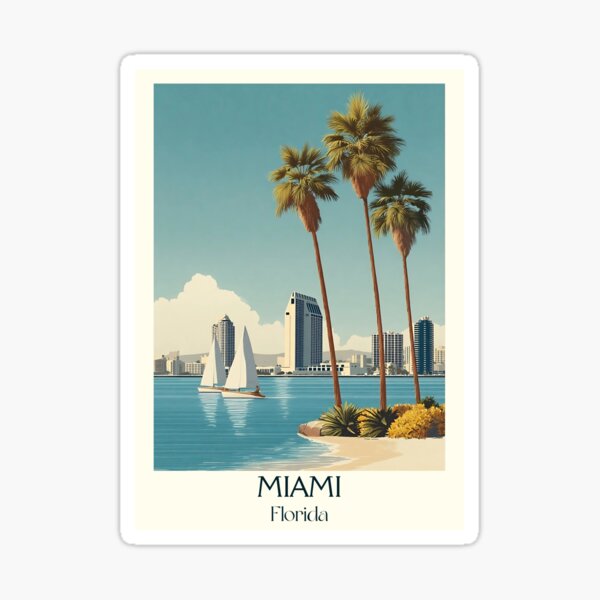Item preview, Miami Florida Vintage Travel Poster | Skyline & Biscayne Bay designed and sold by TuncGK.
