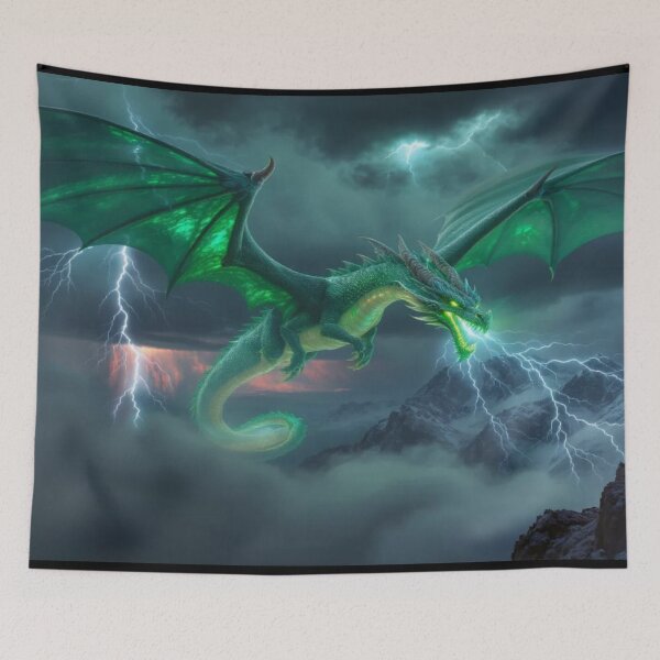 Item preview, Dramatic Emerald Dragon & Stormy Mountain Range designed and sold by Emmachenn / WineDronk Shop.